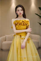 Modest A Line Strapless Yellow Tulle Long Prom Dress Party Dress