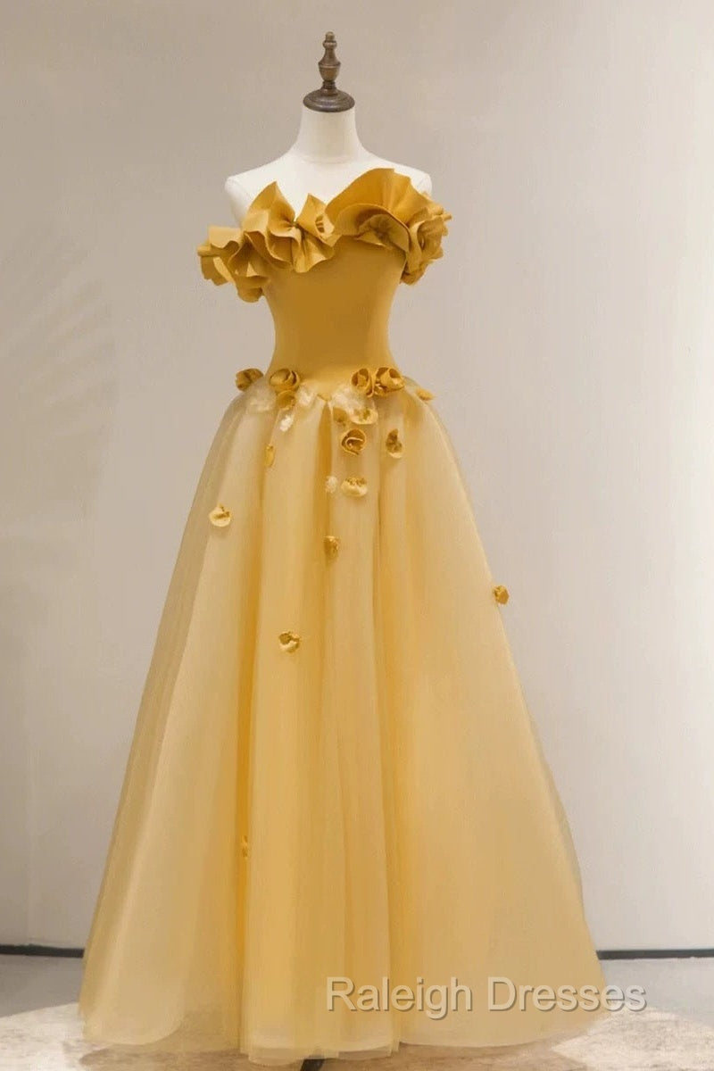 Modest A Line Strapless Yellow Tulle Long Prom Dress Party Dress
