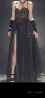 Modest A Line Straps Black Lace Prom Dresses