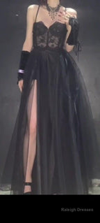 Modest A-Line Straps Black Lace Prom Dress