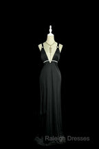 Modest A Line Straps Black Satin Long Prom Dress Party Dress