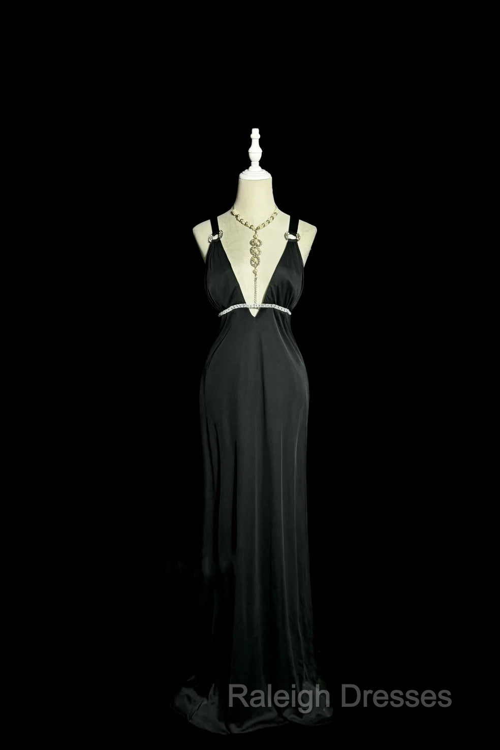 Modest A Line Straps Black Satin Long Prom Dress Party Dress