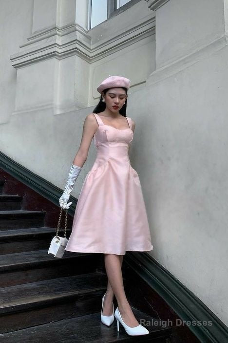 Modest A Line Straps Pink Knee Length Satin Prom Dresses Birthday Outfits Main image