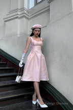 Modest A Line Straps Pink Knee Length Satin Prom Dresses Birthday Outfits