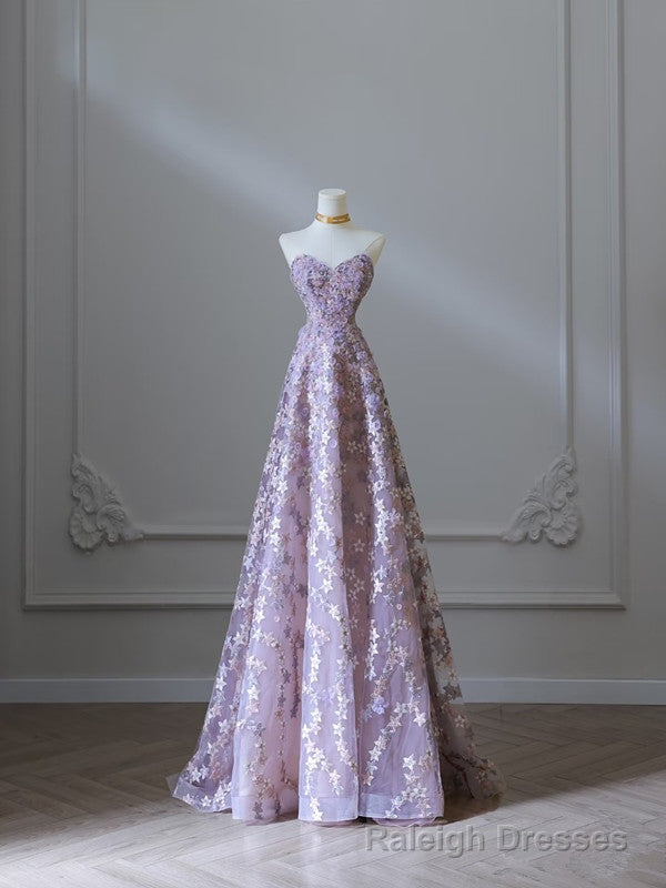 Modest A Line Sweetheart Lilac Lace Tulle Flowers Prom Dress