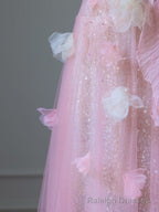 Modest A Line Sweetheart Pink Tulle Sequin Flowers Evening Dress Prom Dresses