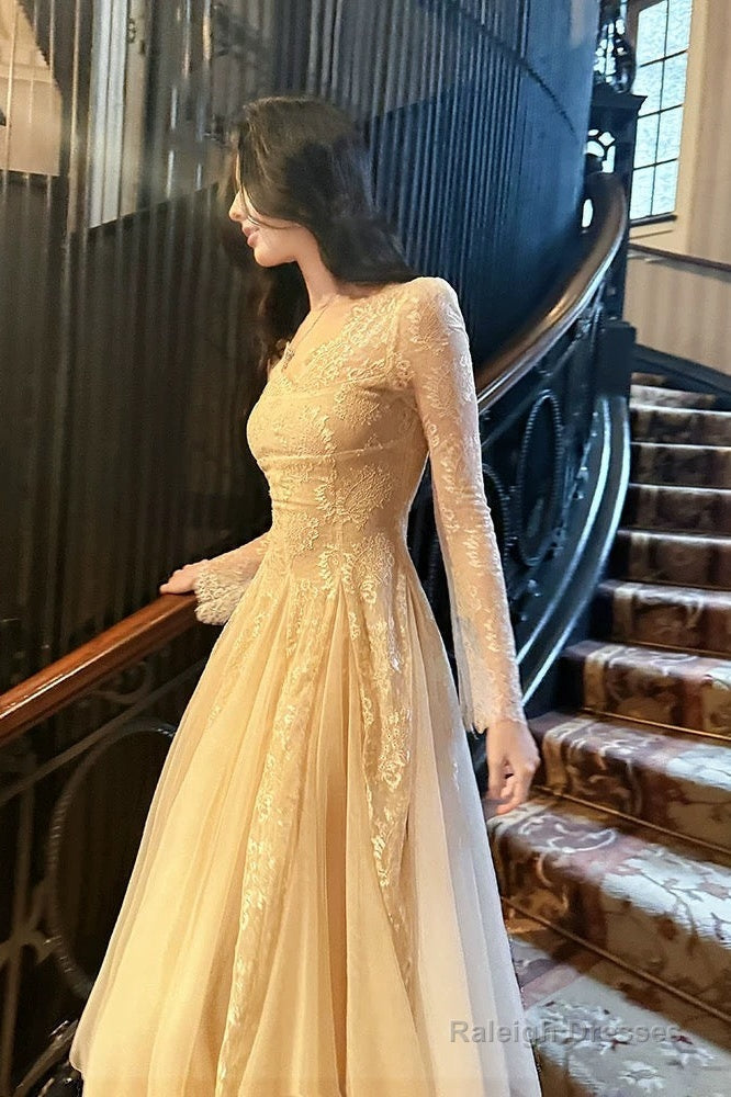 Modest A-Line V Neckline Lace Ankle Length Prom Dresses