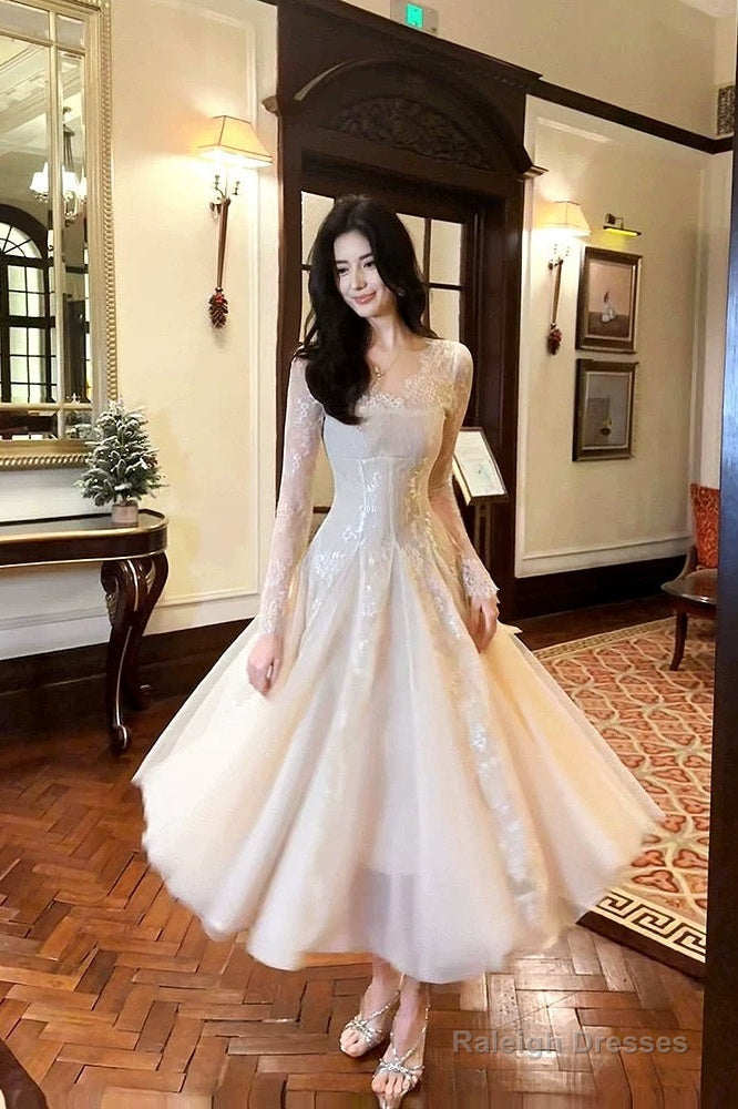 Modest A-Line V Neckline Lace Ankle Length Prom Dresses