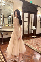 Modest A-Line V Neckline Lace Ankle Length Prom Dresses