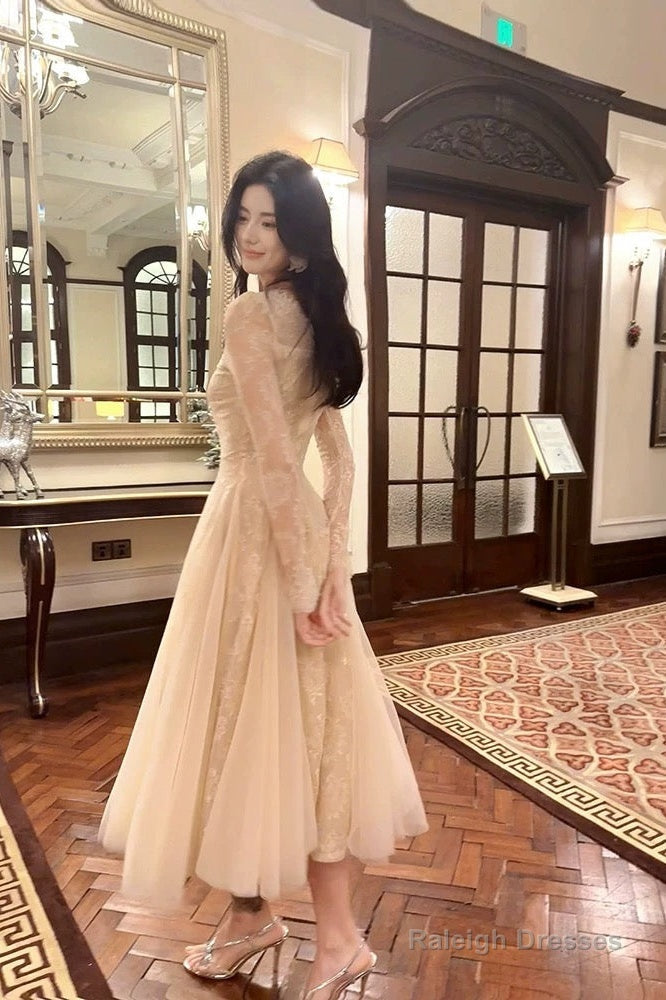 Modest A-Line V Neckline Lace Ankle Length Prom Dresses
