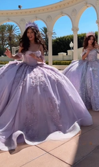 Modest Ball Gowns Off The Shoulder Lilac Lace Tulle Long Quinceanera Dresses Prom Gown Vestido De 15 Anos Sweet 16 Dresses