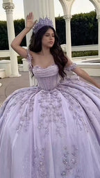 Modest Ball Gowns Off The Shoulder Lilac Lace Tulle Long Quinceanera Dresses Prom Gown Vestido De 15 Anos Sweet 16 Dresses