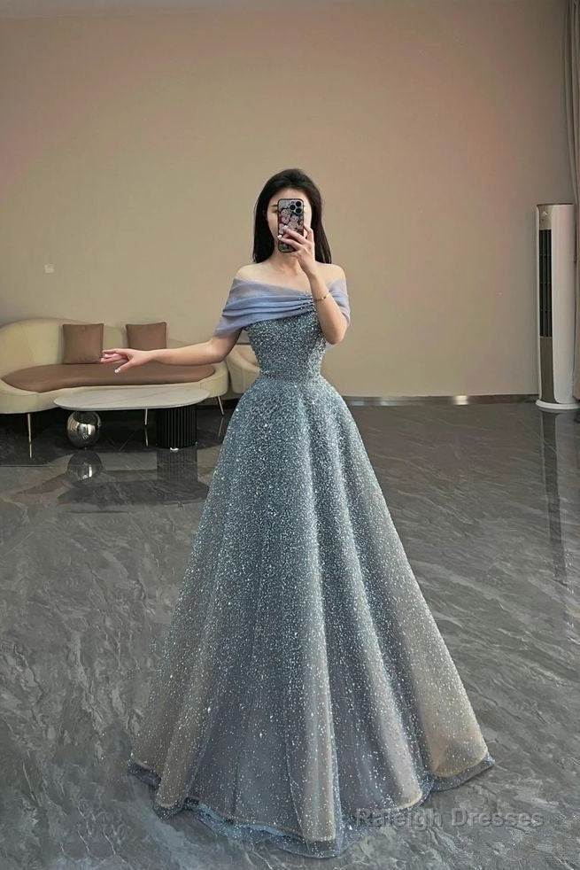 Modest Ball Gowns Off The Shoulder Sequin Long Prom Dresses Gray Prom Dresses