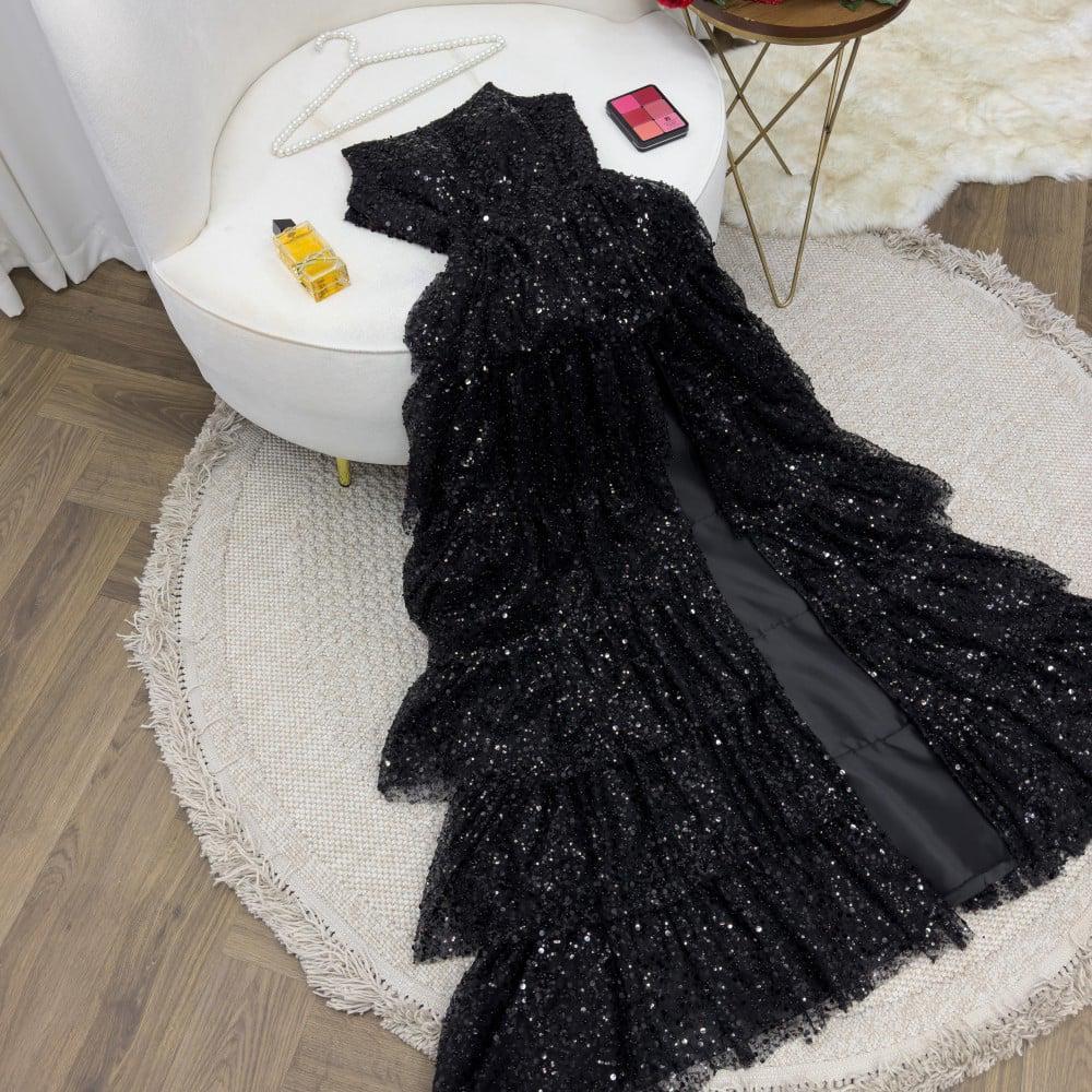 Modest Ball Gown Strapless Black Sequin Floor Length Slit Prom Dresses Evening Gowns
