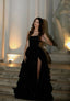 Modest Ball Gown Strapless Black Sequin Floor Length Slit Prom Dresses Evening Gowns