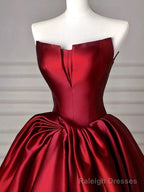 Modest Ball Gown Strapless Burgundy Satin Floor Length Evening Dress Prom Dresses