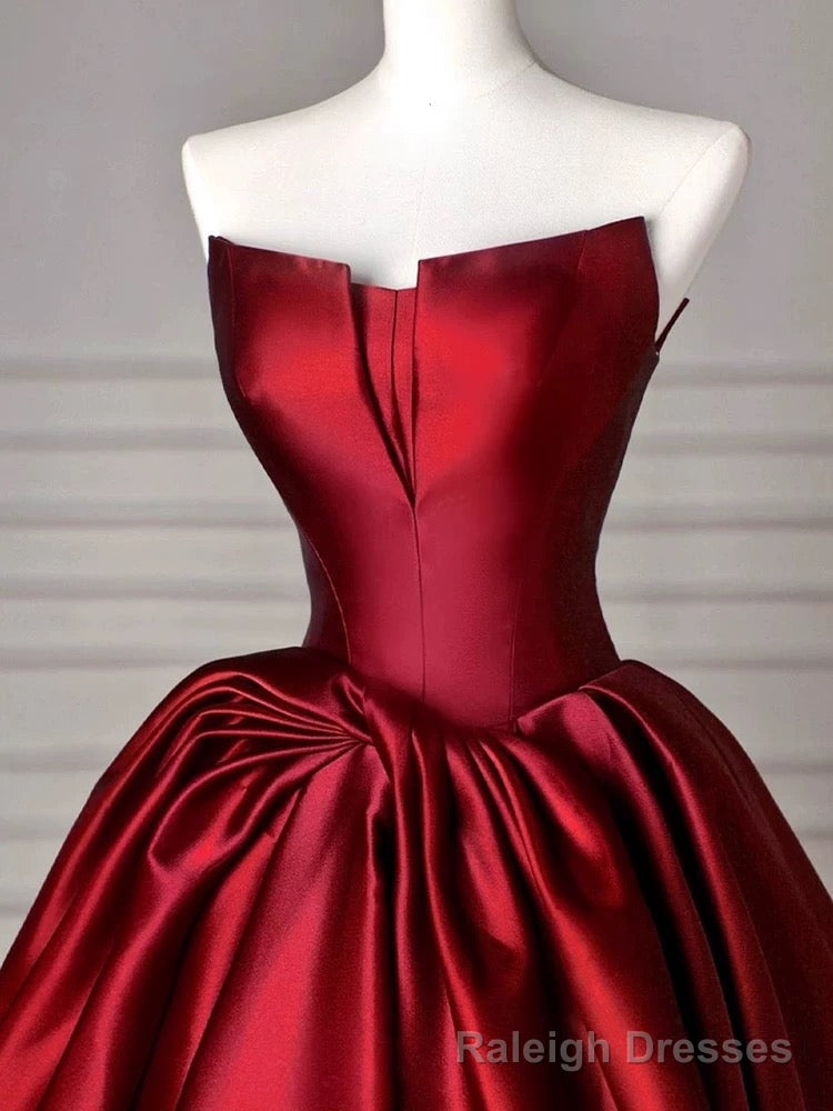 Modest Ball Gown Strapless Burgundy Satin Floor Length Evening Dress Prom Dresses