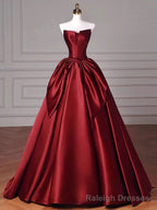 Modest Ball Gown Strapless Burgundy Satin Floor Length Evening Dress Prom Dresses