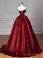 Modest Ball Gown Strapless Burgundy Satin Floor Length Evening Dress Prom Dresses