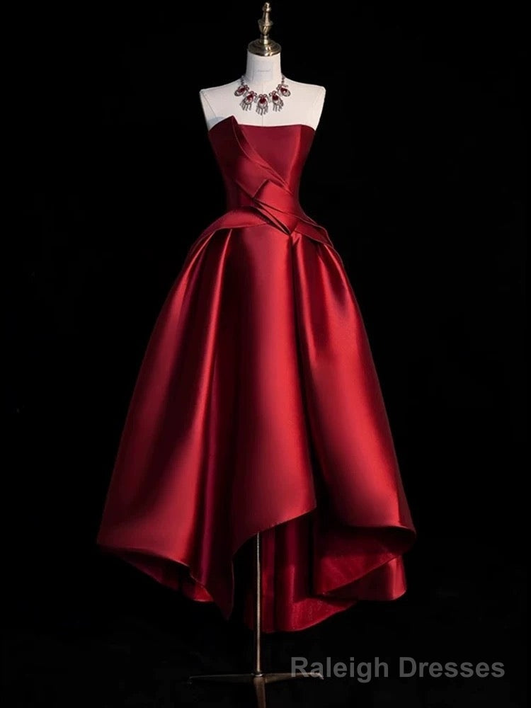 Modest Ball Gown Strapless Burgundy Satin High Low Evening Dress Prom Dresses Secondary image