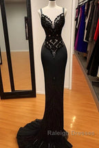 Modest Black Spaghetti Strap Mermaid Satin Prom Dress Long Prom Dresses