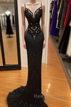 Modest Black Spaghetti Strap Mermaid Satin Prom Dresses Long Prom Dress