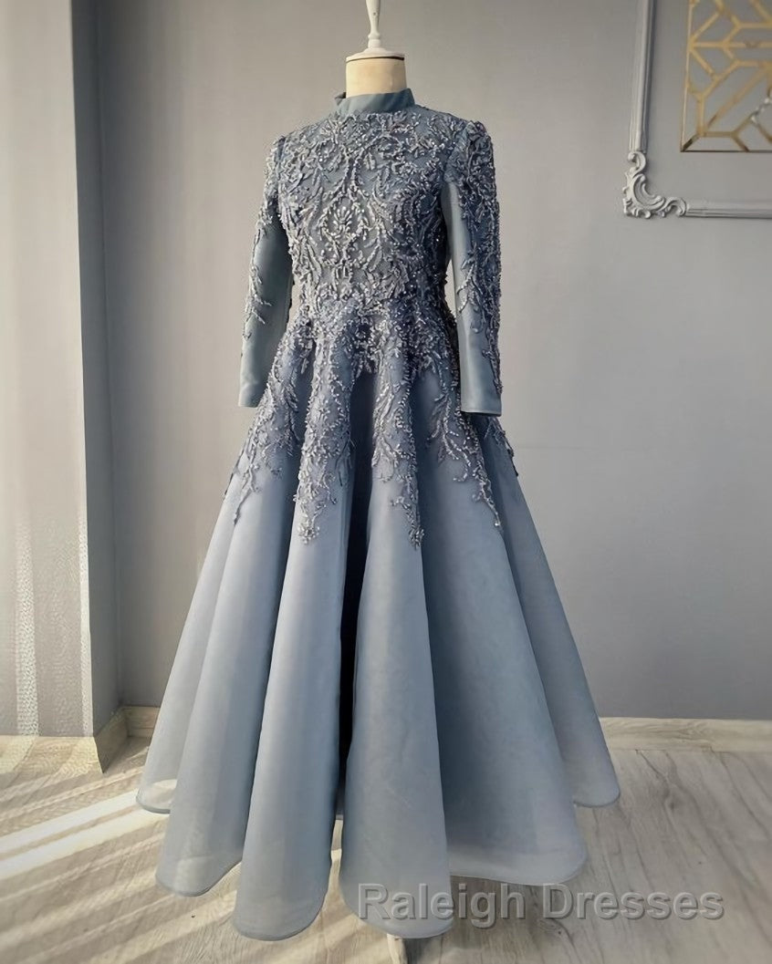 modest blue prom Dress lace emroidery Prom Dresses