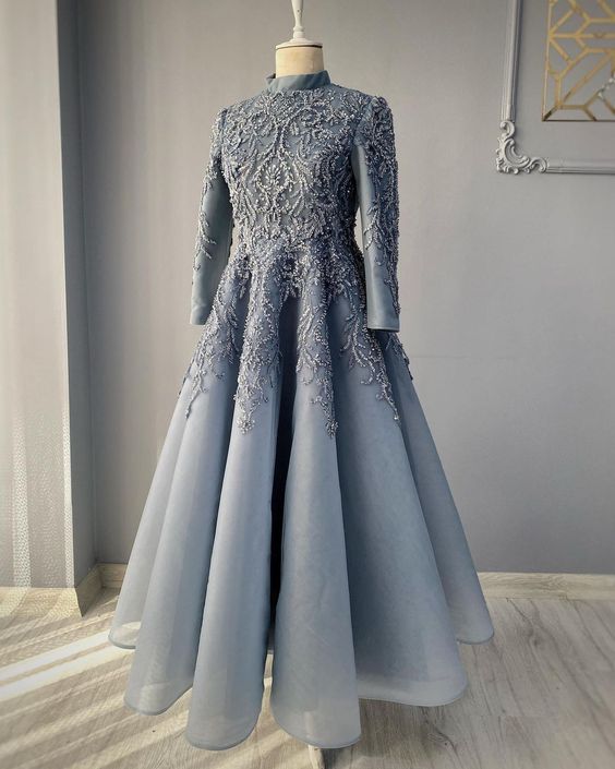 Modest Blue Prom Dresses Lace Emroidery Evening Dress