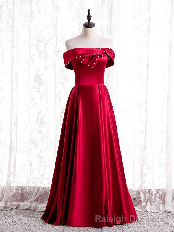Modest Burgundy Satin Off the Shoulder Pearls Prom Dress Main image