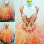 Modest Cap Sleeves Organza Ruffles Ball Gowns Quinceanera Dresses Lace Emboridery