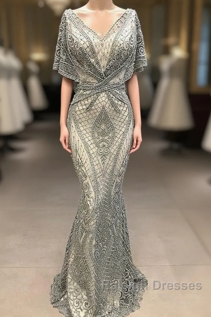 Modest Evening Dresses Long Gray Lace Appliqu篓娄 Beaded Elegant Mermaid Prom Dresses Main image
