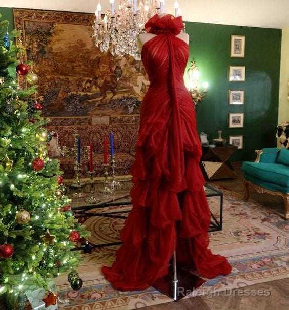 Modest High Low High Neckline Tulle Red Prom Dresses