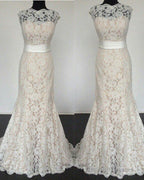 Modest High Neck Lace Mermaid Wedding Dresses Bow Back