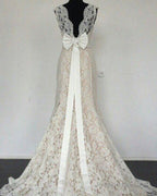 Modest High Neck Lace Mermaid Wedding Dresses Bow Back