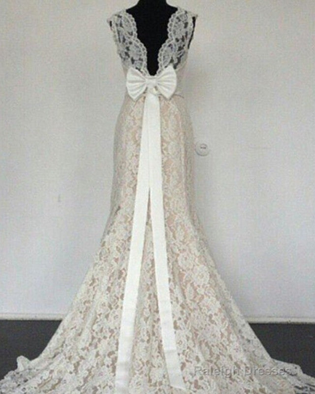 Modest High Neck Lace Mermaid Wedding Dresses Bow Back