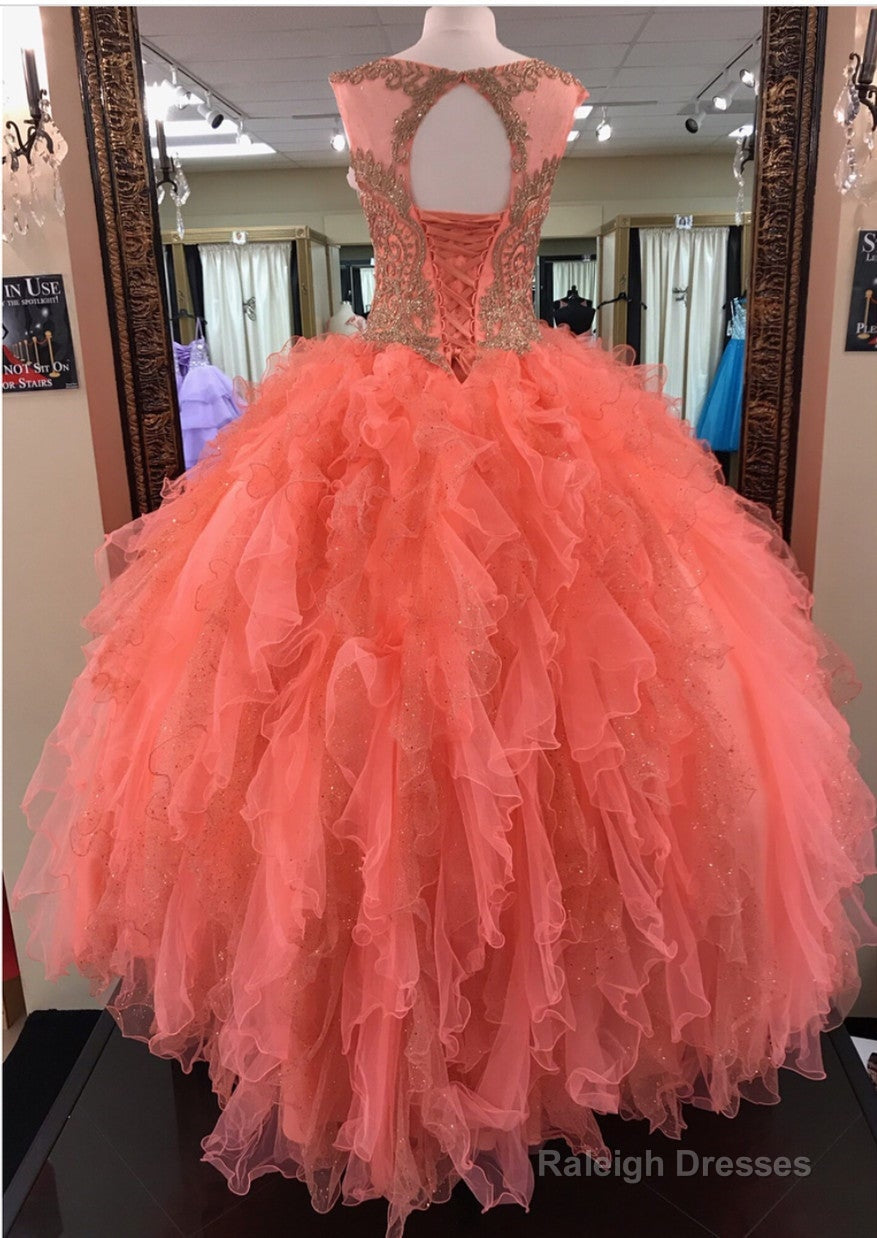 Modest Lace Appliques Organza Ruffles Coral Quinceanera Dresses Ball Gowns Secondary image
