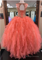 Modest Lace Appliques Organza Ruffles Coral Quinceanera Dresses Ball Gowns