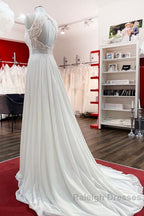 Modest Long A Line Chiffon Jewel Appliques Open Back Wedding Dresses