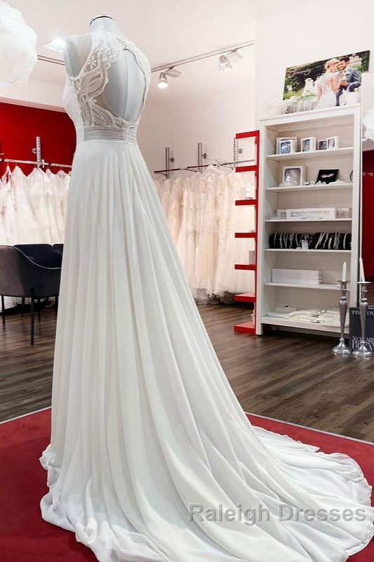 Modest Long A Line Chiffon Jewel Appliques Open Back Wedding Dresses