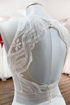 Modest Long A-line Chiffon Jewel Appliques Open Back Wedding Dress