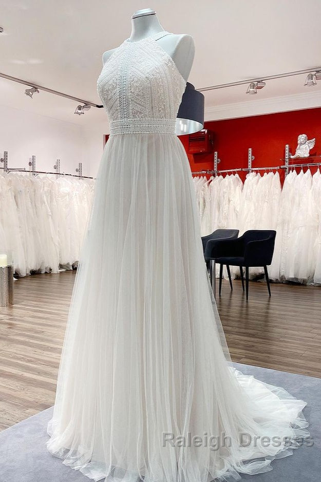 Modest Long A-line Halter Tulle Lace Backless Wedding Dresses Secondary image
