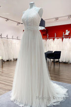 Modest Long A Line Halter Tulle Lace Backless Wedding Dress