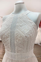 Modest Long A Line Halter Tulle Lace Backless Wedding Dress