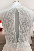 Modest Long A Line Halter Tulle Lace Backless Wedding Dress