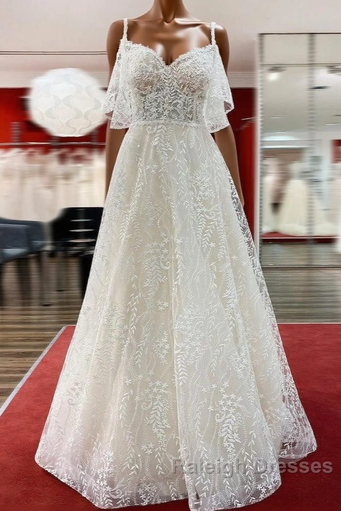 Modest Long A Line Sweetheart Tulle Lace Appliques Wedding Dresses with Sleeves Main image