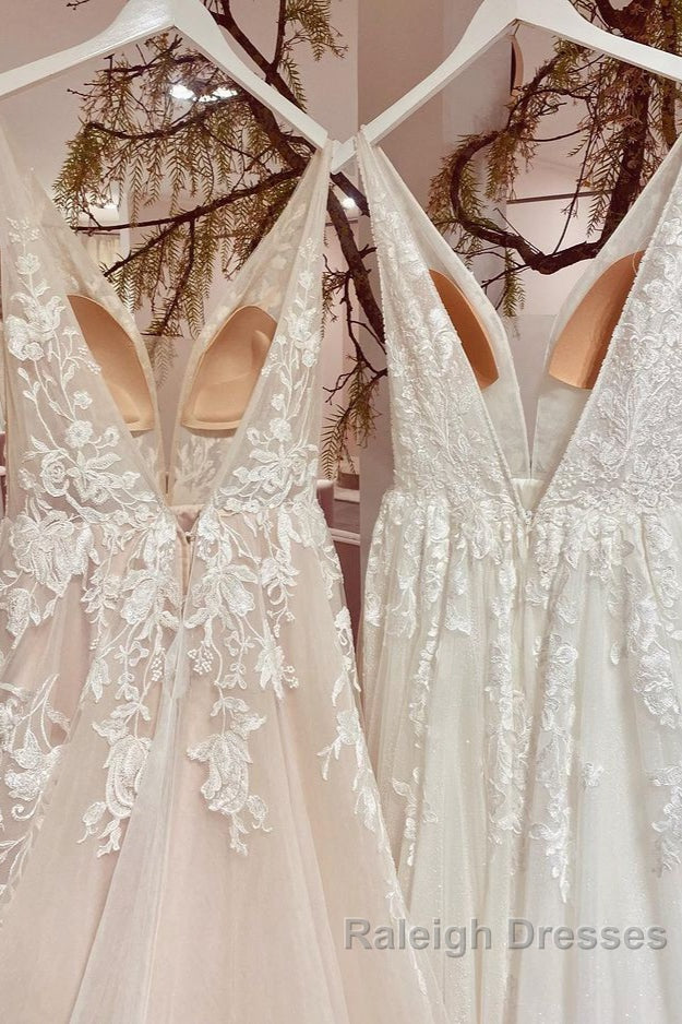 Modest Long A Line V Neck Backless Tulle Lace Wedding Dresses