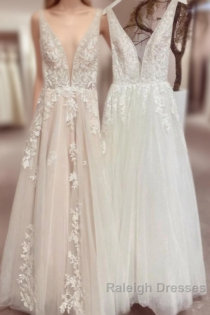 Modest Long A Line V Neck Backless Tulle Lace Wedding Dresses Main image
