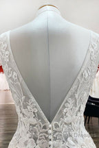 Modest Long A Line V Neck Open Back Tulle Wedding Dresses with Appliques Lace