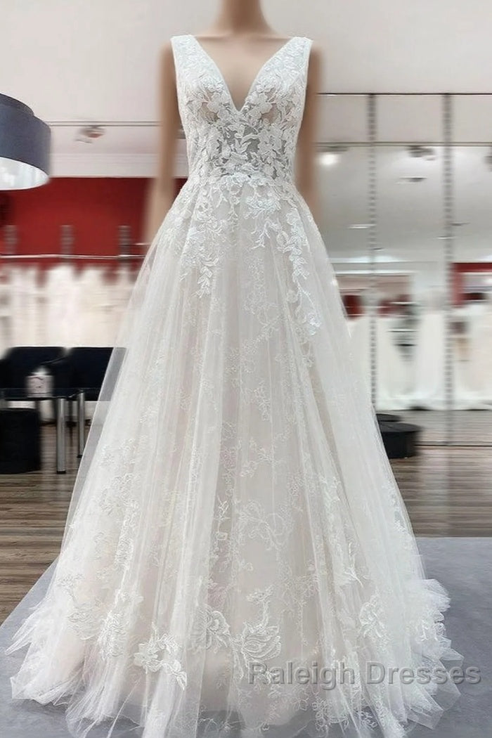 Modest Long A Line V Neck Open Back Tulle Wedding Dresses with Appliques Lace Main image