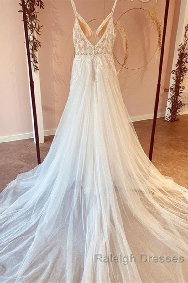 Modest Long A-line V-neck Spaghetti Straps Tulle Wedding Dress with Appliques Lace Secondary image